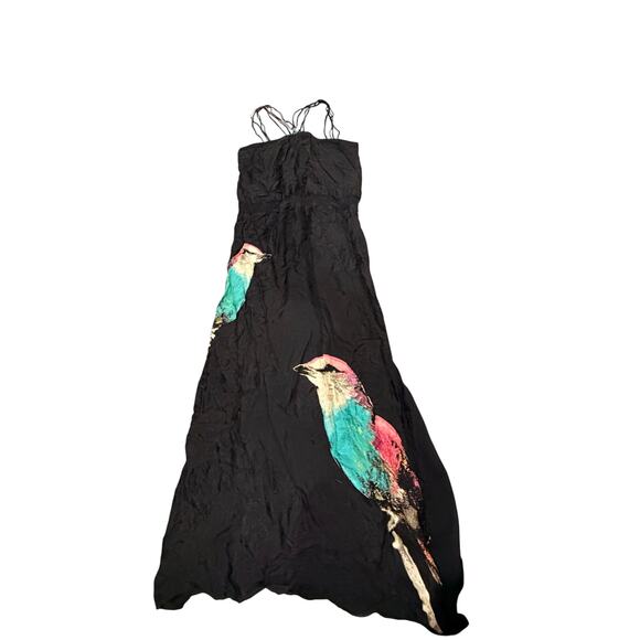 Leifs Dottir Anthropologie Black Halter 100% silk Bird print Maxi Dress Size 0 - Picture 2 of 6
